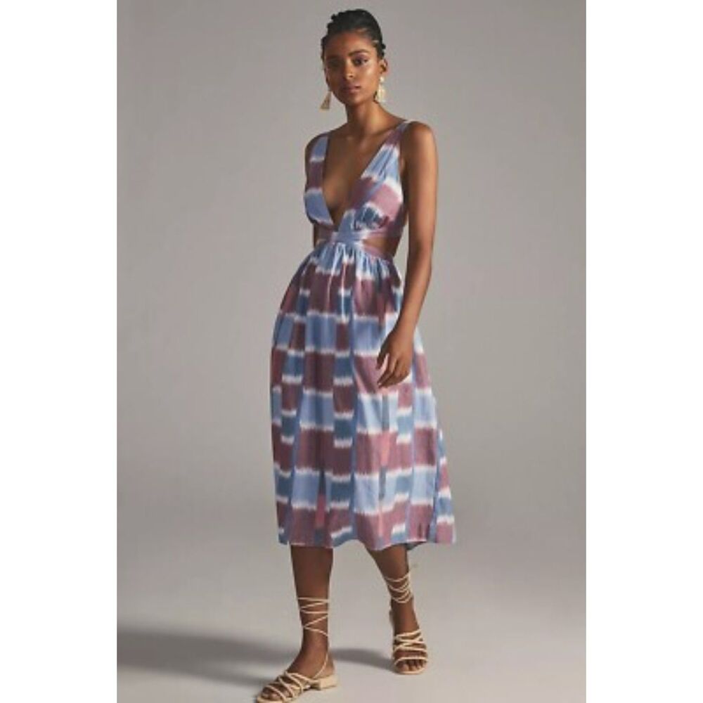 Anthropologie Midi Dress M Open Back Cut Out Tropical Vacation Beach Chic Purple